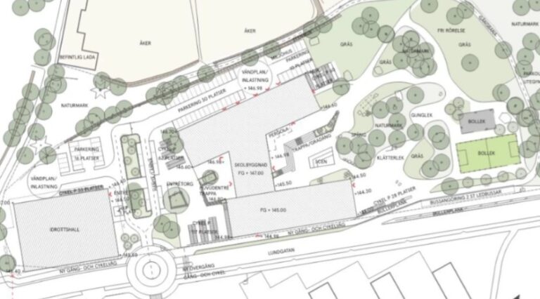 Situationsplan som visar förslag på byggnad, parkeringsplatser, grönområden och gångvägar. Träd och etiketter markerar viktiga byggnader och områden.