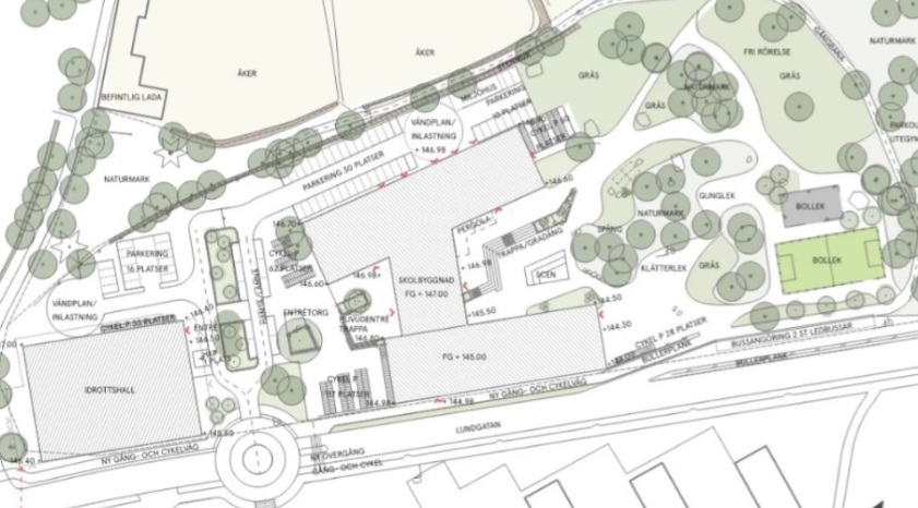 Grundskola för 600 elever Situationsplan som visar förslag på byggnad, parkeringsplatser, grönområden och gångvägar. Träd och etiketter markerar viktiga byggnader och områden.